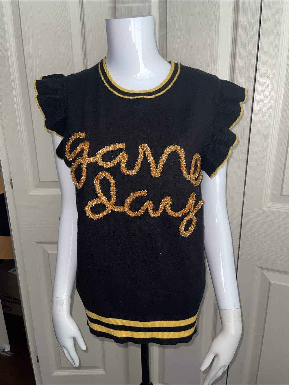 Bibi women's "game day" letter contrast trim flutter sleeve sweater top. #303-A
